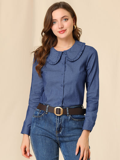 Peter Pan Collar Ruffled Button Down Denim Shirt