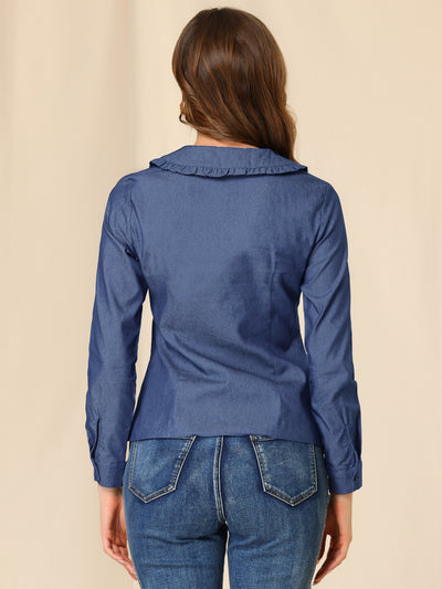 Peter Pan Collar Ruffled Button Down Denim Shirt