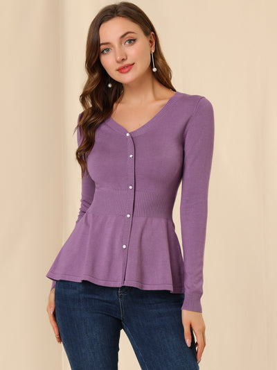 V Neck Long Sleeve Ribbed Pullover Knitted Peplum Top