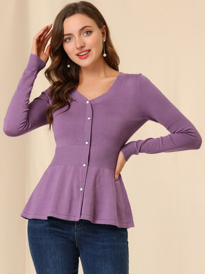 V Neck Long Sleeve Ribbed Pullover Knitted Peplum Top