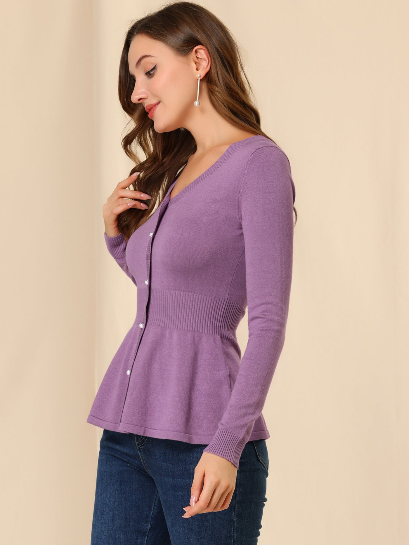 Allegra K V Neck Long Sleeve Ribbed Pullover Knitted Peplum Top