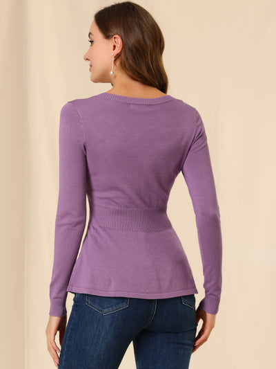 V Neck Long Sleeve Ribbed Pullover Knitted Peplum Top