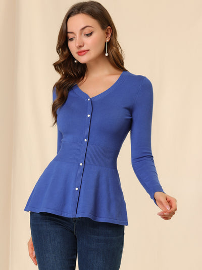 V Neck Long Sleeve Ribbed Pullover Knitted Peplum Top