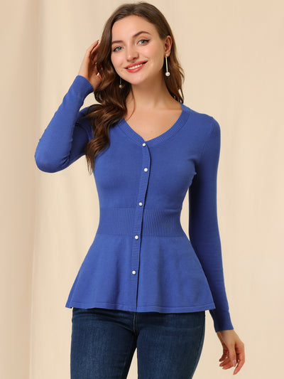 V Neck Long Sleeve Ribbed Pullover Knitted Peplum Top