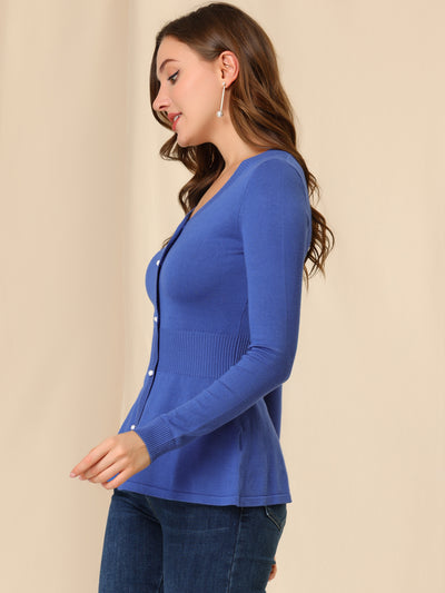 V Neck Long Sleeve Ribbed Pullover Knitted Peplum Top