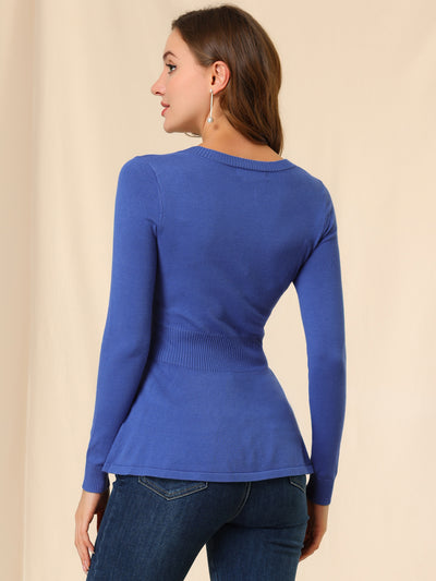 V Neck Long Sleeve Ribbed Pullover Knitted Peplum Top