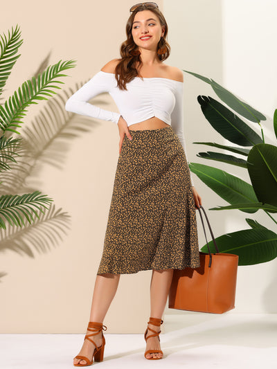 Floral Peasant Elastic Waist A-Line Ditsy Leave Midi Skirt