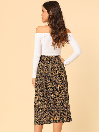 Floral Peasant Elastic Waist A-Line Ditsy Leave Midi Skirt