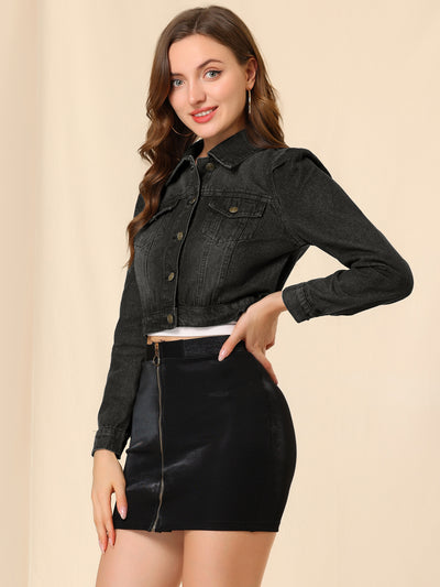 Lightweight Button Down Puff Sleeve Cropped Denim Jacket