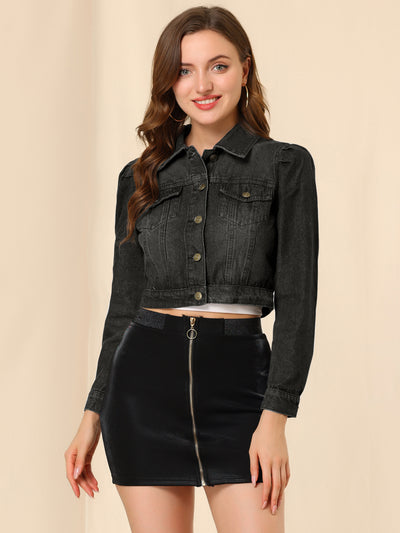 Lightweight Button Down Puff Sleeve Cropped Denim Jacket