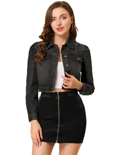 Lightweight Button Down Puff Sleeve Cropped Denim Jacket