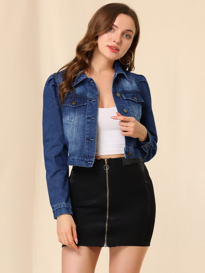 Lightweight Button Down Puff Sleeve Cropped Denim Jacket