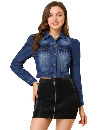 Lightweight Button Down Puff Sleeve Cropped Denim Jacket