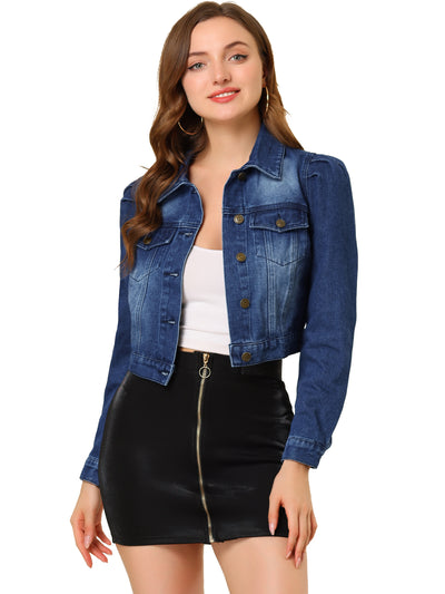 Lightweight Button Down Puff Sleeve Cropped Denim Jacket