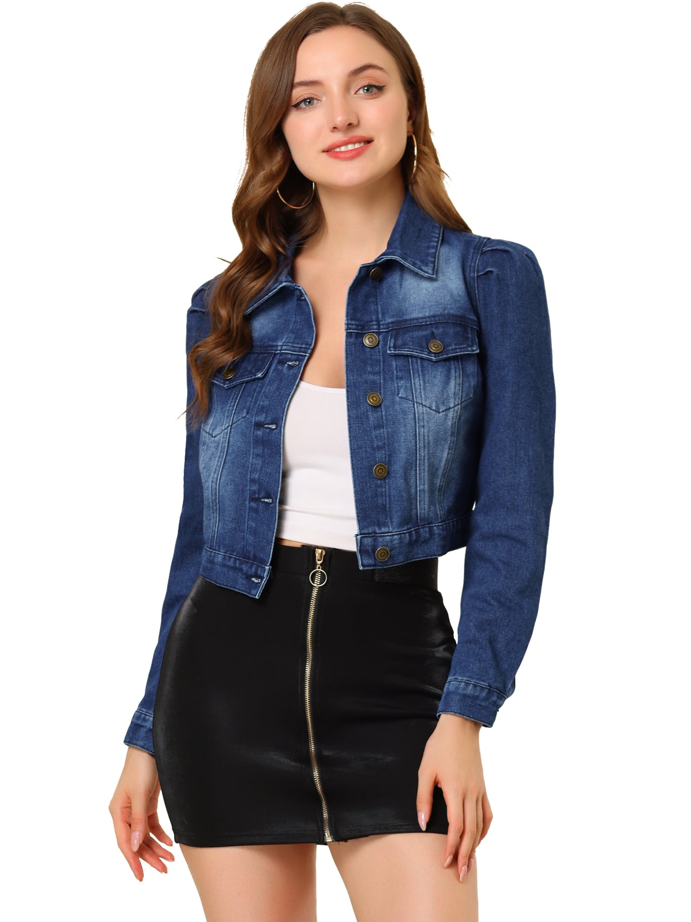 Allegra K Lightweight Button Down Puff Sleeve Cropped Denim Jacket