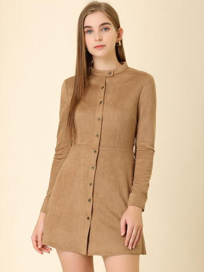 Casual Long Sleeve Faux Suede Belted Button Down Mini Dress