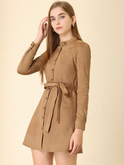 Casual Long Sleeve Faux Suede Belted Button Down Mini Dress