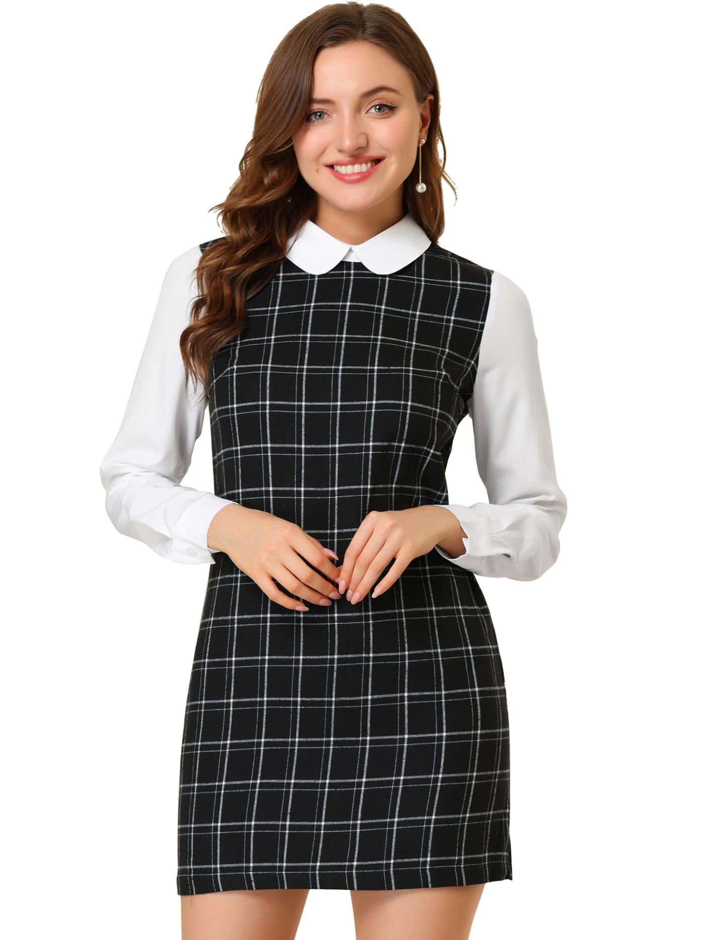 Allegra K Contrast Peter Pan Collar Long Sleeve Shift Plaid Dress