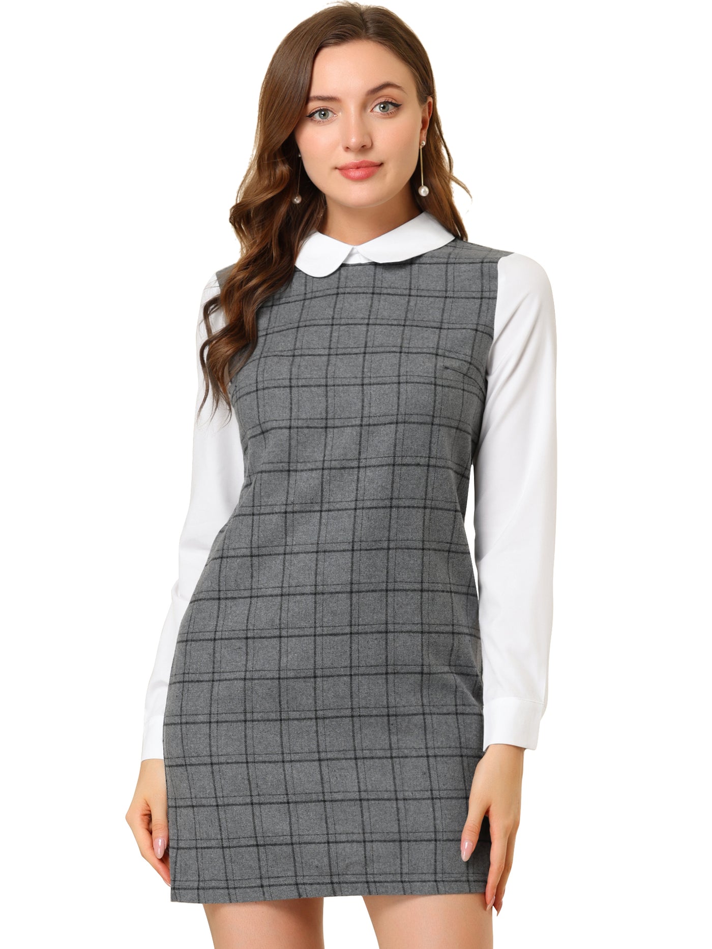 Allegra K Contrast Peter Pan Collar Long Sleeve Shift Plaid Dress