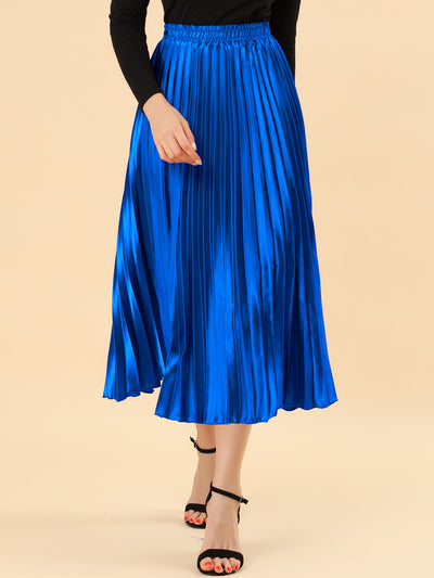 Allegra K Elastic Waist Metallic Shiny Accordion Pleated Midi Skirt