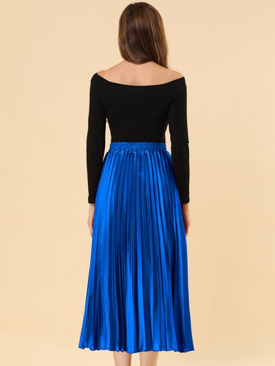 Elastic Waist Metallic Shiny Accordion Pleated Midi Skirt