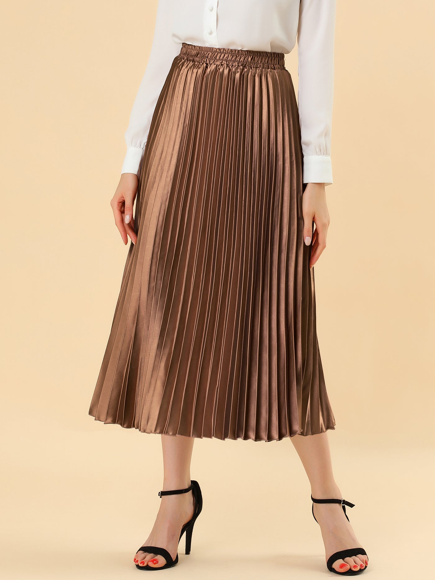 Allegra K Elastic Waist Metallic Shiny Accordion Pleated Midi Skirt