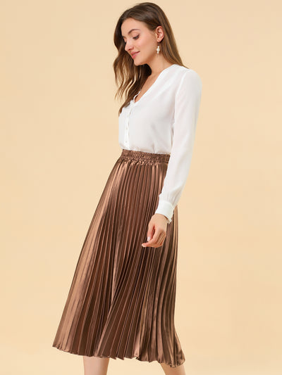 Elastic Waist Metallic Shiny Accordion Pleated Midi Skirt