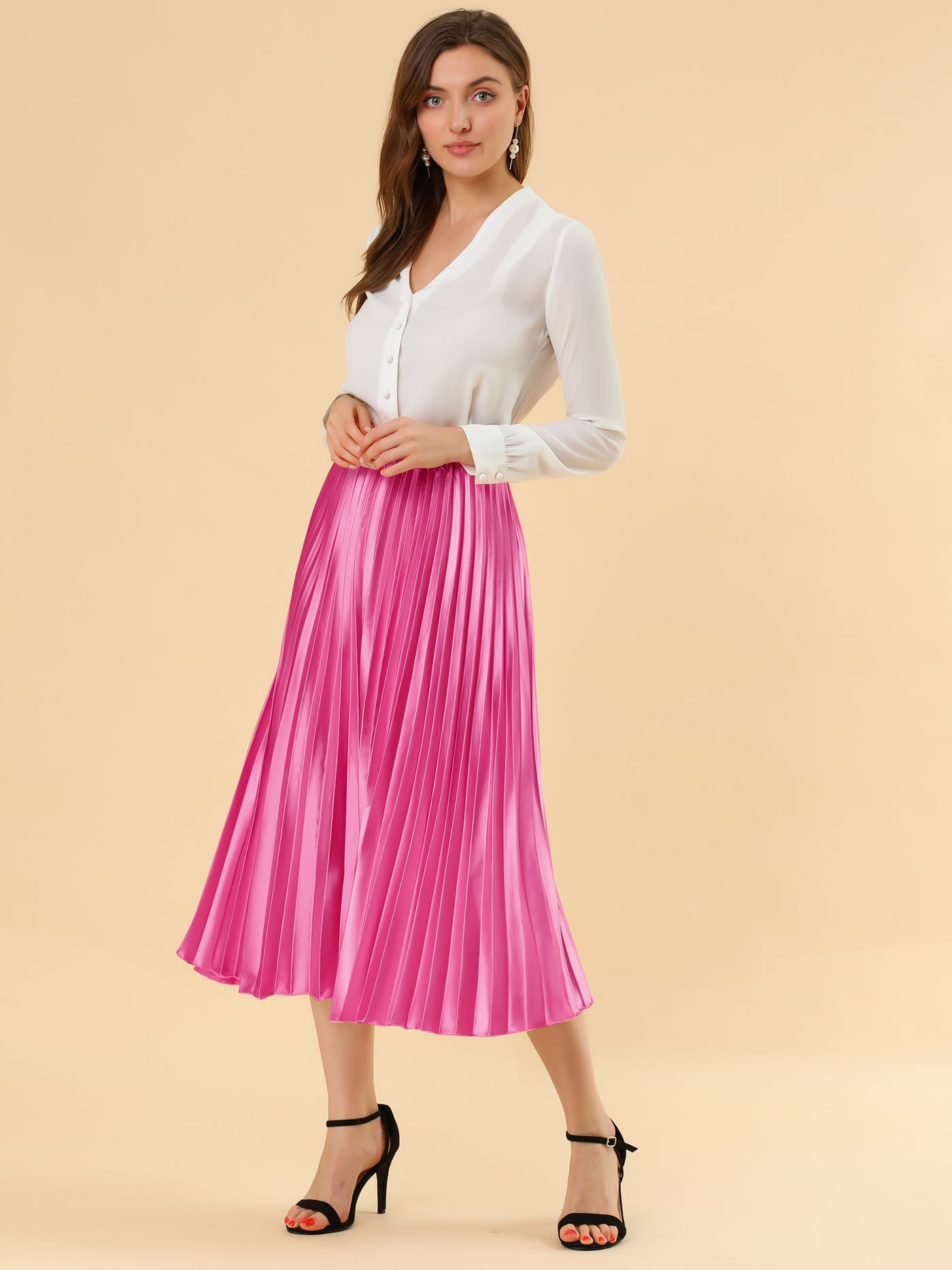 Allegra K Elastic Waist Metallic Shiny Accordion Pleated Midi Skirt