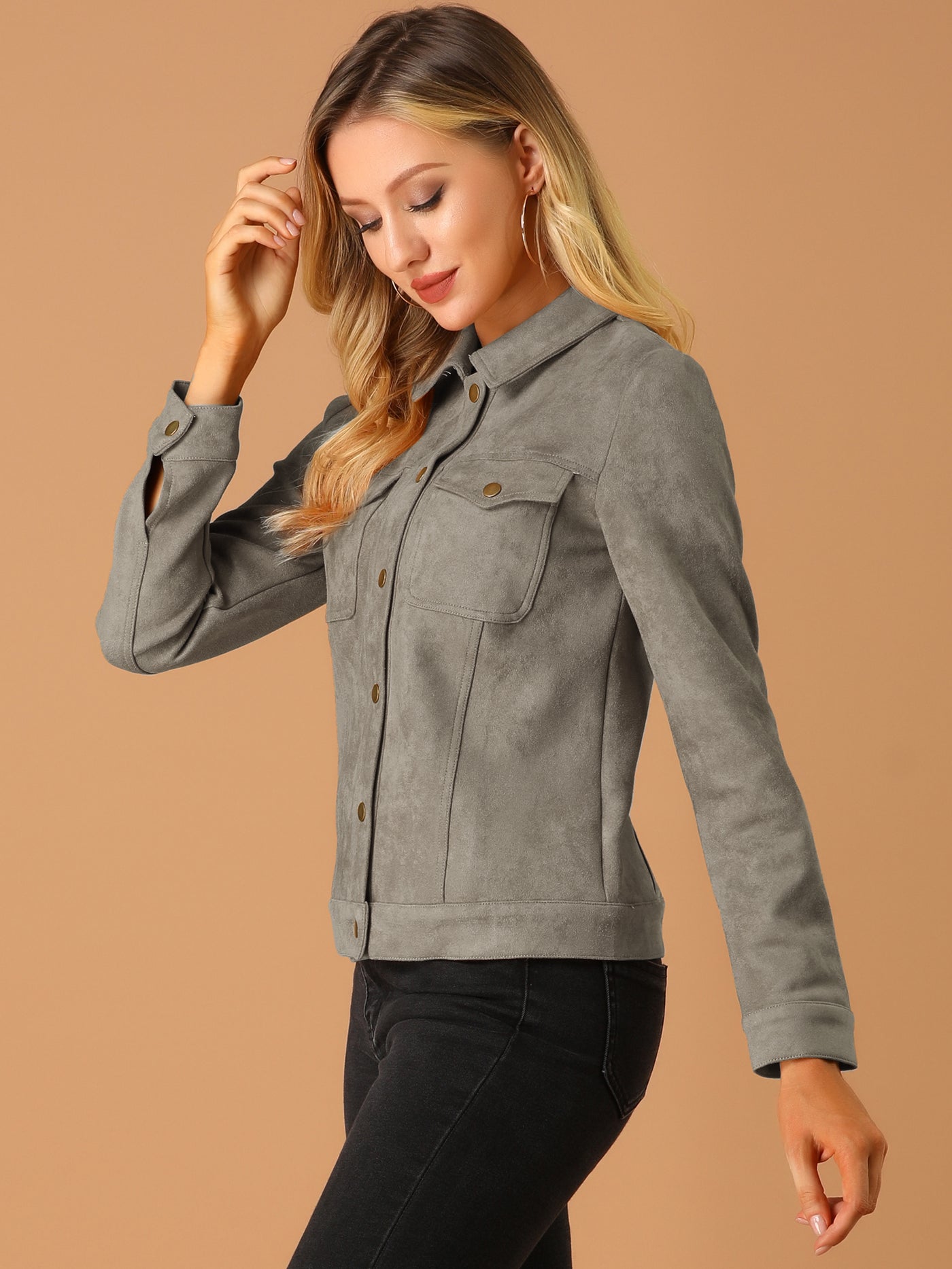 Allegra K Turn-Down Collar Flap Pocket Snap Button Faux Suede Jacket