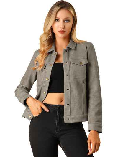 Turn-Down Collar Flap Pocket Snap Button Faux Suede Jacket