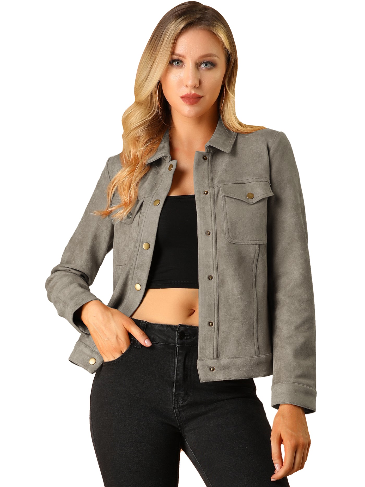 Allegra K Turn-Down Collar Flap Pocket Snap Button Faux Suede Jacket