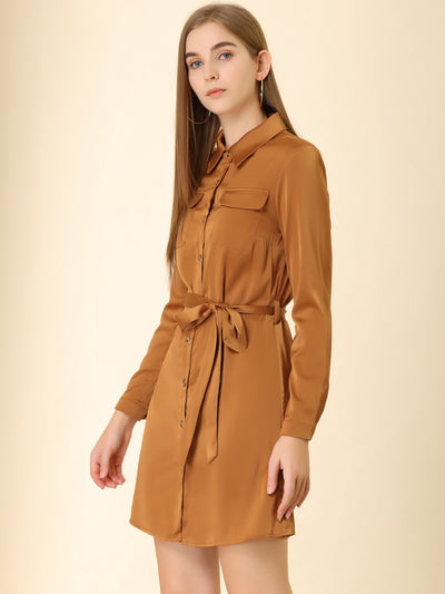 Lapel Belt Long Sleeve Button Satin Above Knee Dress