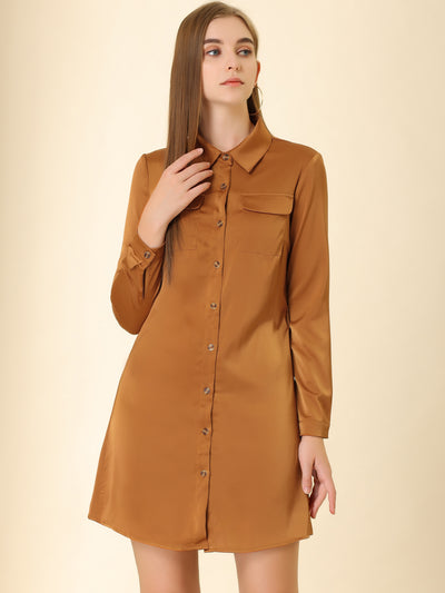 Lapel Belt Long Sleeve Button Satin Above Knee Dress