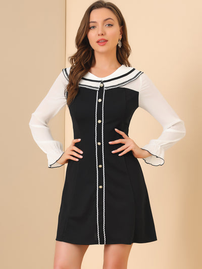 Long Sleeve Doll Collar Chiffon Panel Stretch A-line Dress