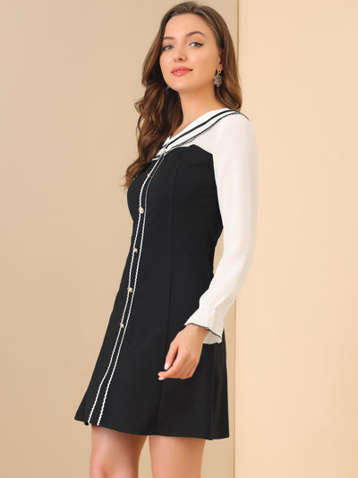 Long Sleeve Doll Collar Chiffon Panel Stretch A-line Dress