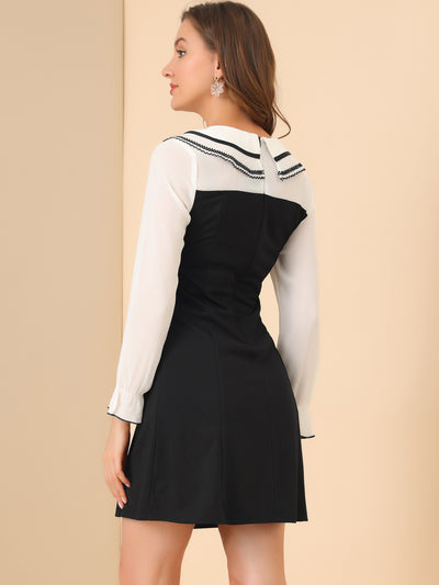 Long Sleeve Doll Collar Chiffon Panel Stretch A-line Dress