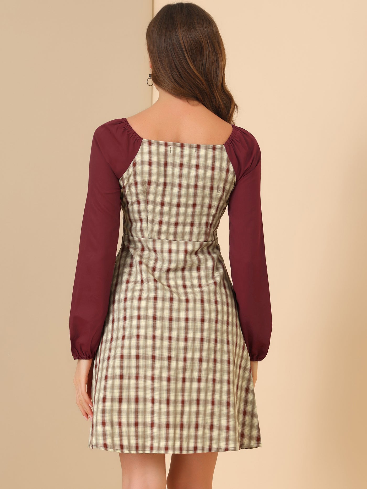 Allegra K Square Neck Plaid Contrast Long Sleeve A-Line Dress