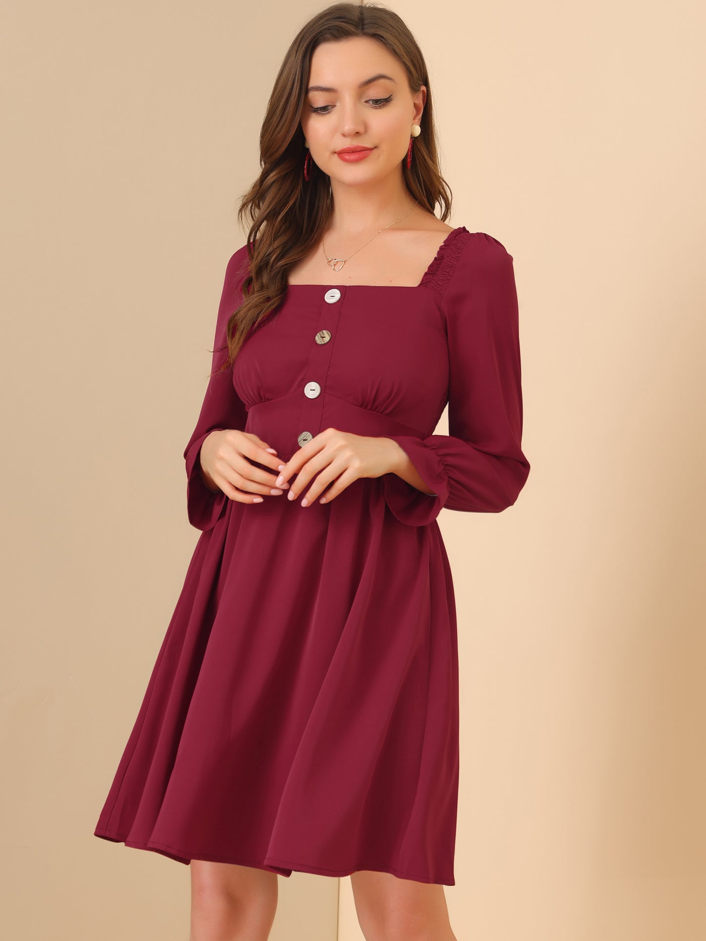 Allegra K Square Neck Button Decor Solid Long Sleeve Smocked Dress