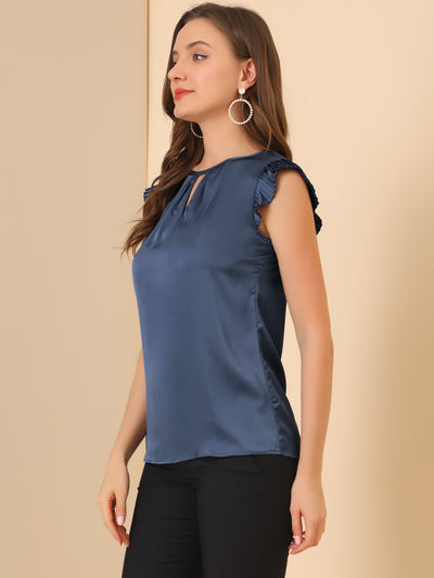 Satin Work Office Top Cut Out Keyhole Back Pleated Cap Sleeve Blouse