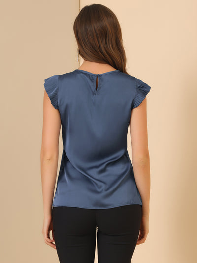 Satin Work Office Top Cut Out Keyhole Back Pleated Cap Sleeve Blouse