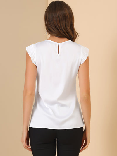 Satin Work Office Top Cut Out Keyhole Back Pleated Cap Sleeve Blouse