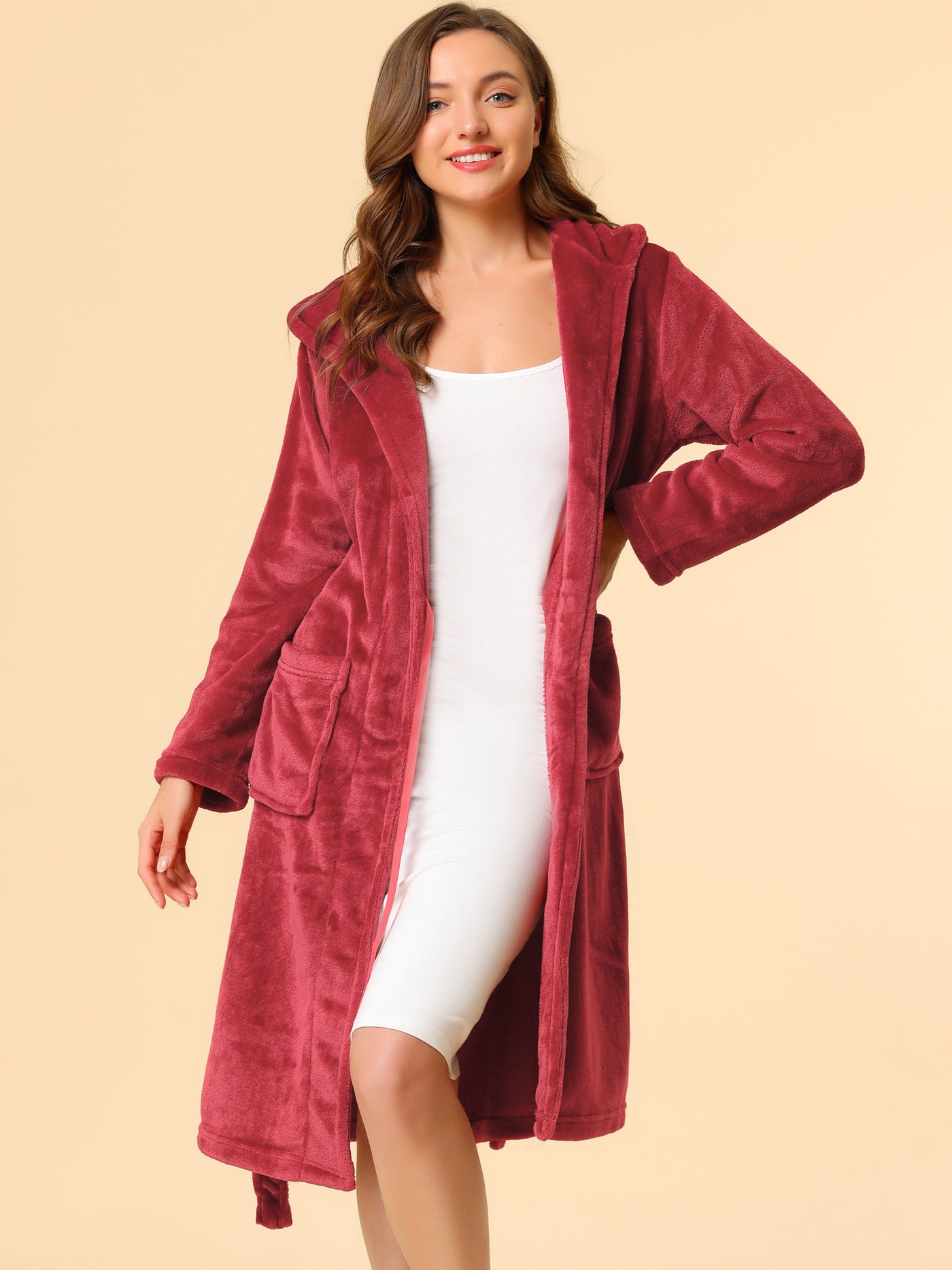 Allegra K Sleepwear Flannel Bathrobe Warm Lounge Pajama Winter Hoodie Robe