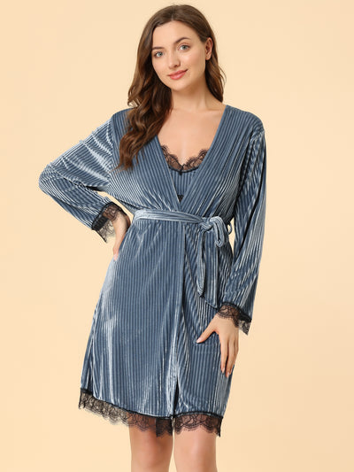 Velvet Sexy Spaghetti Strap Cami Dress Midi Robe Pajama Set