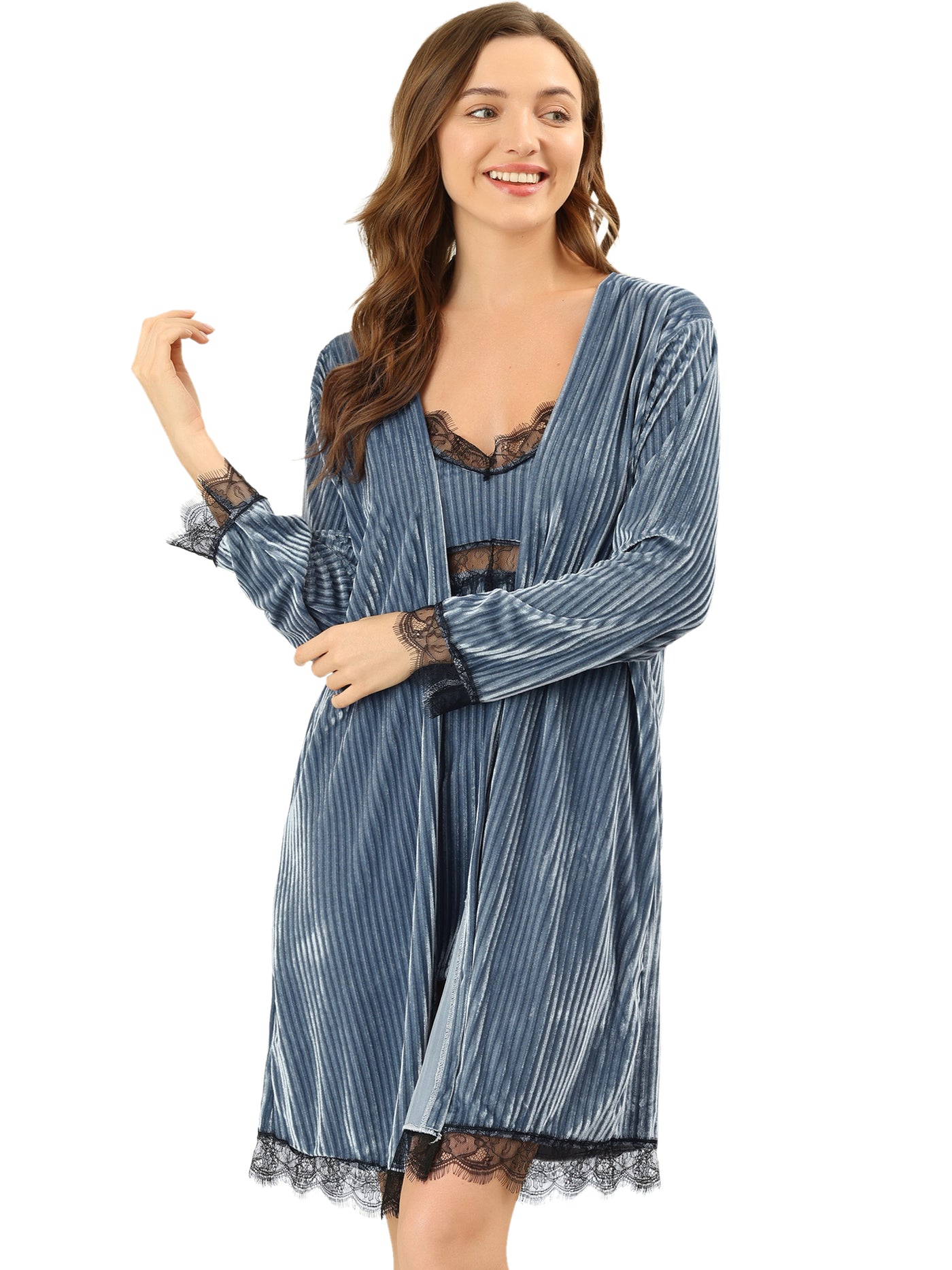 Allegra K Velvet Sexy Spaghetti Strap Cami Dress Midi Robe Pajama Set