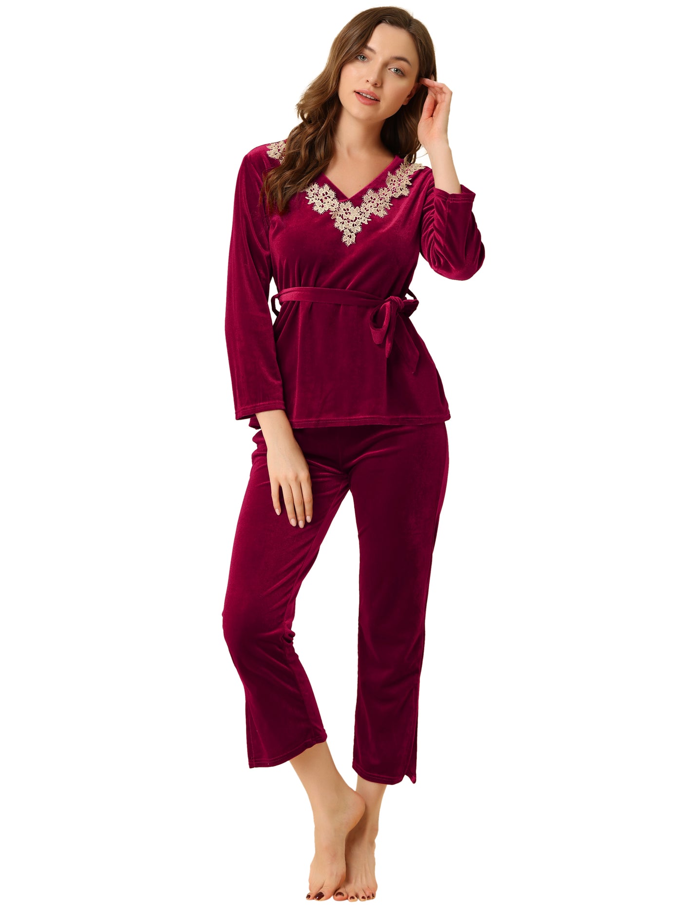 Velvet Sleepwear Pajama V-Neck Lace Night Suit with Belted Lounge