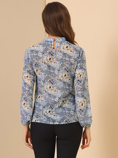 Floral Keyhole Blouse Stand Collar Semi-Sheer Chiffon Work Tops