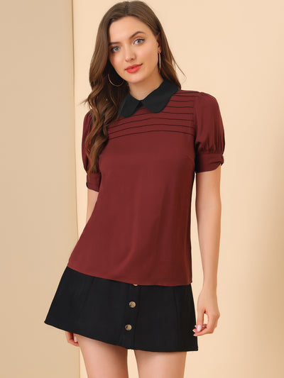 Pleated Contrast Peter Pan Collar Puff Short Sleeve Blouse