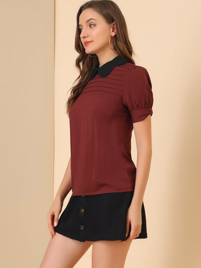 Pleated Contrast Peter Pan Collar Puff Short Sleeve Blouse