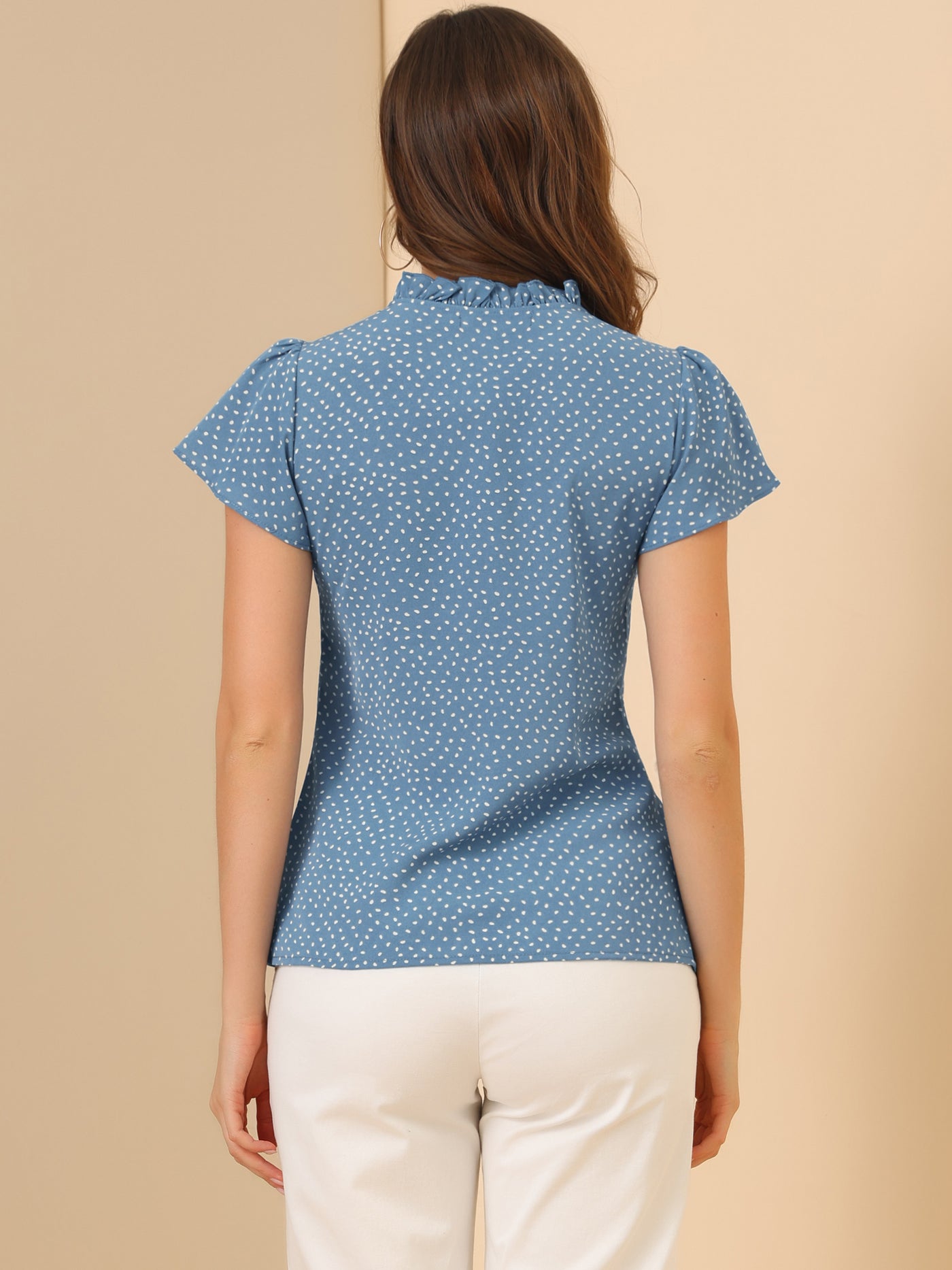 Allegra K Ruffle Summer Dots Print Retro Short Sleeve Button Blouse