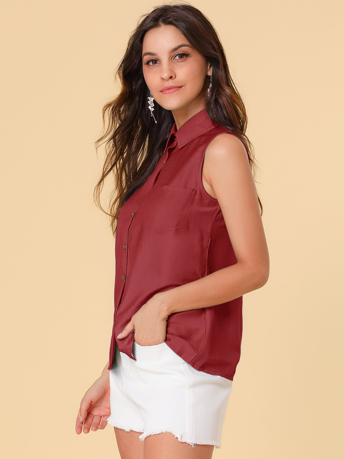 Allegra K Lapel Single Breasted Casual Office Sleeveless Shirt